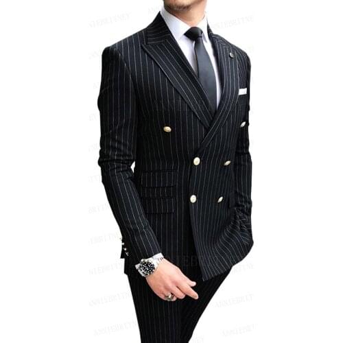 Black Striped Men Suit Double Breasted Formal Business Wear Jacket Custom Made Plus Size Groom Wedding Suit Tuxedo Blazer Pants