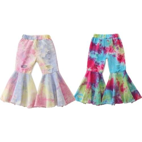 FOCUSNORM Fashion Kids Baby Girls Flare Pants Tie-Dye Printed Denim Elastic High Waist Hole Trousers Pants