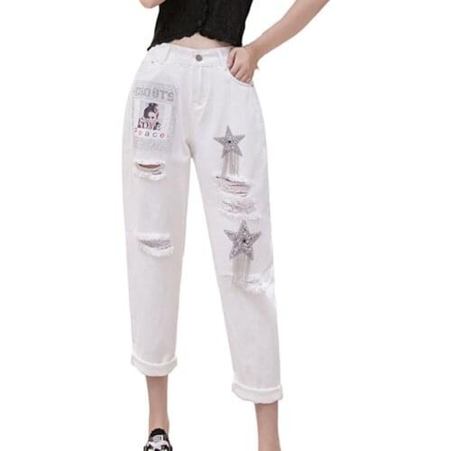 New White Jeans Womens Loose Plus Size Denim Pants Girls Ladies Summer Applique Hole Hallen Jeans Students Cropped Pants AH194