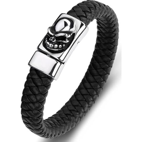 Trendy Multicolor Braided Leather Bangles Men Rock Hip Hop Jewelry Stainless Steel Skull Bracelet Male Weave Wristband Gift P096