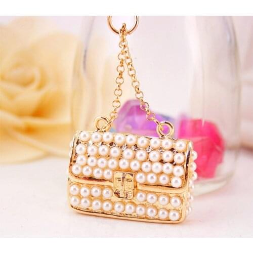 Fashionable Square Pearl Bag Keychain Chain Memorial Gift Keychain Inlaid Rhinestone Chain Keychain Car Pendant