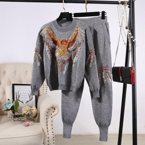 Fashion Loose Black Knitted Tracksuit Outfits Women Handwork Beading Eagle Pattern Sweater Pencil Pants Casual Knit Set Female