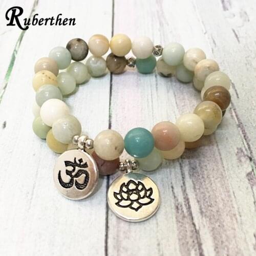 Ruberthen New Design Amazonite Lotus Charm Bracelet Natural Gem Stone Ohm Yoga Bracelet High Quality Women`s Balance Bracelet