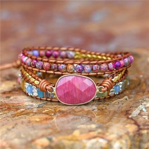 New Leather Wrap Bracelet Stones Multi Color Natural Beads Crystal Weaving Statement Art Bracelet Gifts