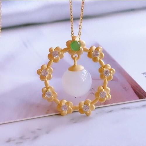 New silver inlaid natural Hetian jade beads Flower Pendant Necklace Chinese style retro light luxury charm womens jewelry