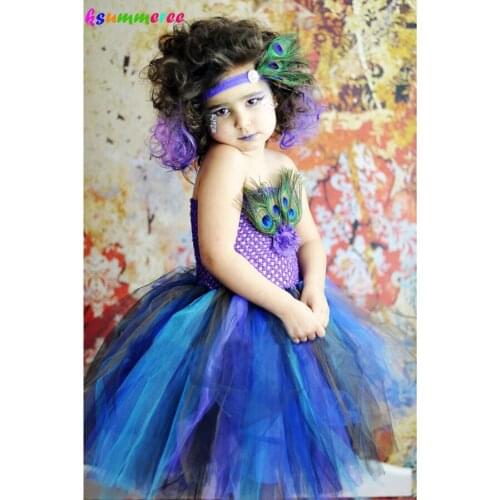 Ksummeree Peacock Feather Tutu Dress with Headband Girls Pageant Tulle Dress Children Halloween Birthday Party Costume TS131