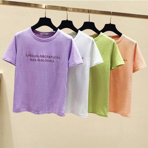 GGRIGHT Casual letter O-Neck T-shirt Women Summer Short Sleeve Cotton Tees Women Knitted Tee Shirt Femme Korean Tops 2020