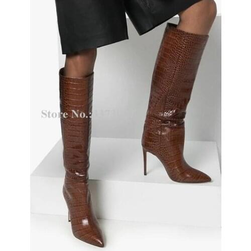 Sexy Brown Pink Crocodile Leather Women Knee High Boots New Stiletto Heel Fashion Long Boots Lady Large Size Party Boots