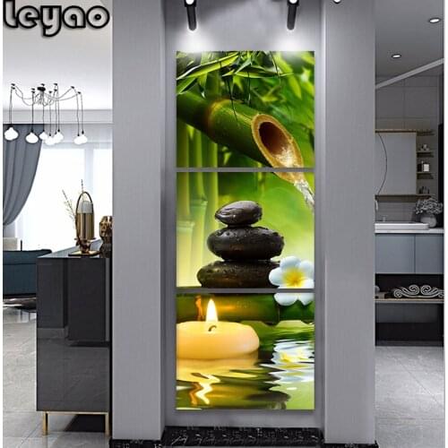 Modern 3 Panel SPA Zen Stone Flower Diamond Painting Cross Stitch Bamboo Green Wall Art For Home Decor Full Diamond Embroidery