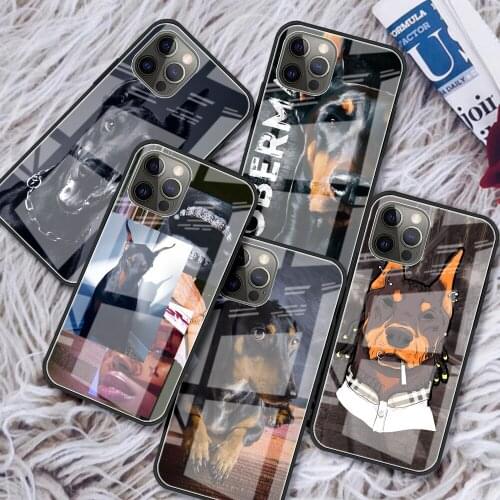 Glass Case for iPhone 11 7 12 Pro 7 8 XR X 6 6S Plus 5 XS Max SE Tempered Funda Fashion Smartphone Cover Dachshund Doberman Dog