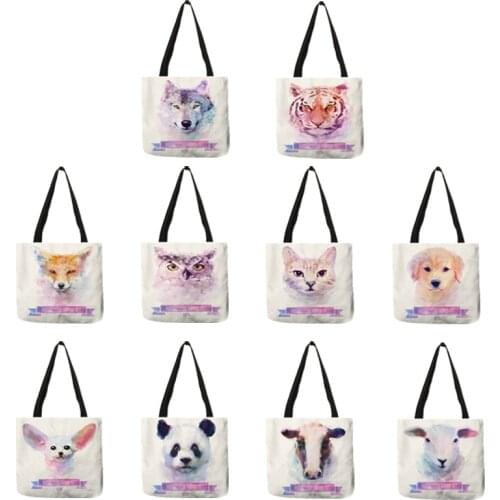 Watercolor Painted Animal Printing Tote Bag Panda Tiger Wolf Cat Dog Casual Linen Durable Shoulder Bags Girls Student Sacks