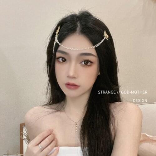 Super fairy butterfly pearl chain hairpin female summer style temperament hair ornaments simple bride head chain side clip hairp