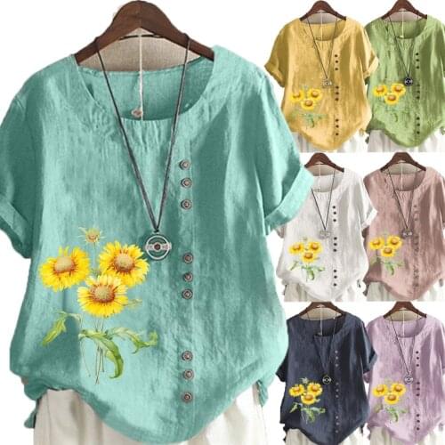 New Summer Womens New Fashion Round Collar Short Sleeve Casual Linen T-Shirt Loose Ladies Blouse Tops Plus Size