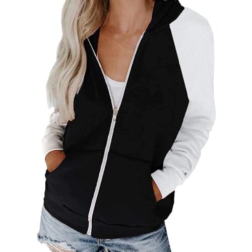 Zip Up Drawstring Hoodie For Women Loose Patchwork Long Sleeve Sweatshirt Hooded Autumn Long Sleeve Tops Sudaderas Con Capucha