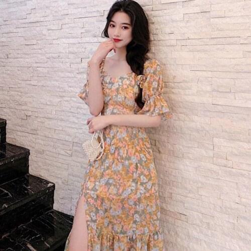 Women Floral Printed Sexy Dresses High Waist Long Split Dress Female Ruffles Short Sleeve Vestidos