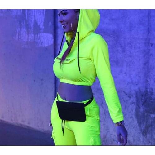 Women Two Piece Set Reflective Glow Effect blank cropped top hoodie