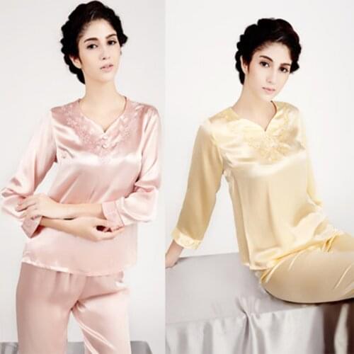 Women 100% Mulberry Silk Twinset Sleepwear Pure Silk Embroidery Two Piece Pajama Sets M/L/XL Free Shipping