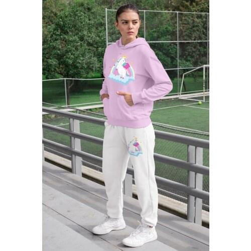 Angemiel Wear Love Balonlarında Rocking Sweet Double Women 'S Tracksuit Set Pink Hooded Sweatshirt White Sweatpants