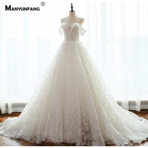 High-End Off the Shoulder Embroidery Appliques Tulle Bridal Ball Gown Elegant Boat Neck Chapel Train Lace Up Back Wedding Dress