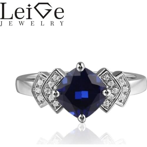 Leige Jewelry Lab Sapphire Rings Cushion Cut Blue Gemstone Anniversary Rings For Woman 925 sterling silver September Birthstone