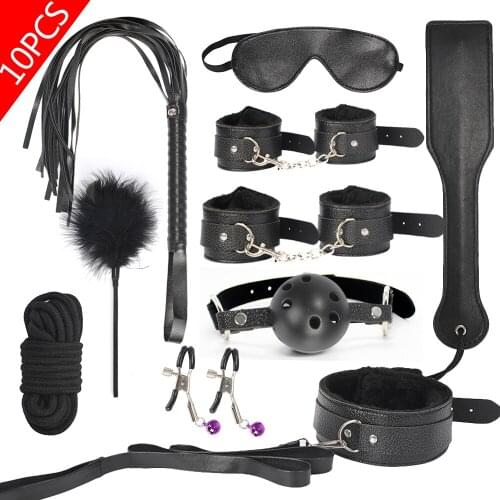 10Pcs Set PU Leather BDSM Bondage Sex Toys For Couples Collar Nipple Clamp Erotic Handcuffs Mouth Gag Whip Rope Slave SM Product
