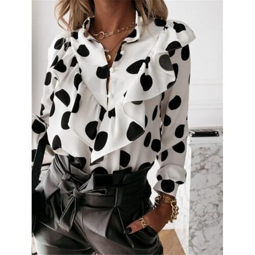 2020 Elegant Polka Dot Ruffle blouse shirts Women Autumn Long Sleeve V-Neck Pullover Tops Office Lady Casual Button Plus Size