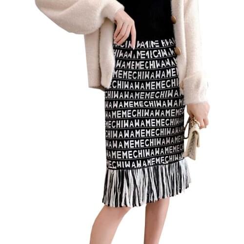 2020 Autumn Stretch High Waist Knitted Midi Chic Print Tassel Vintage Women Bodycon Skirt Faldas Jupe Femme Saia
