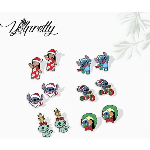2021 New Anime Kawaii Lilo and Stitch Christmas Characters Epoxy Handcraft Acrylic Stud Earrings