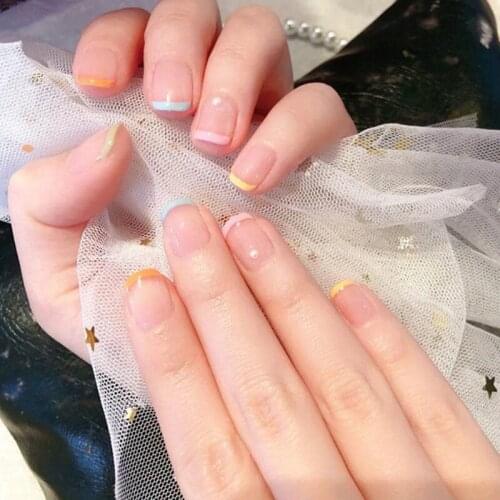 24Pcs Acrylic Faux Square Full Cover False Nails With Glue Colourful French Style Nails