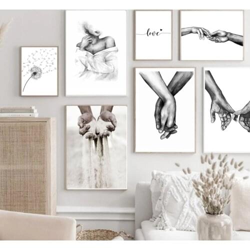 Black and White Romantic Couple Hand In Hand Kiss Dandelion Love Quote Art Wall Poster Printing Fashion Room Decoration Painting