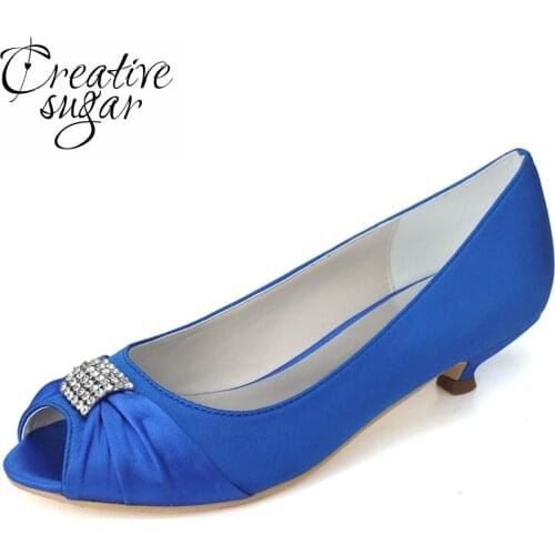 Creativesugar Elegant satin rhinestone diamond knot open toe evening dress shoes bridal wedding prom banquet small low heel pump