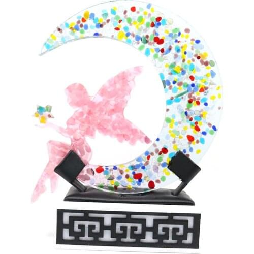 FYJS Unique Crescent Moon Rose Pink Quartz Fairy Pendant Colorful Rainbow Stone Classic Style Jewelry