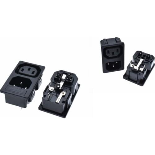 IEC 60320 C13 ac power electrical socket Ganged Outlet and C14 Inlet Snap-in Mounting Solder Tab with Fuse Holder 2 way