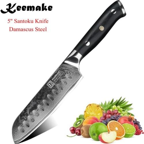 KEEMAKE 5'' Santoku Knife Multi-layer Damascus Japanese VG10 Steel Blade Kitchen Knives G10 Handle Sharp Fruit Cutter Chef Tools