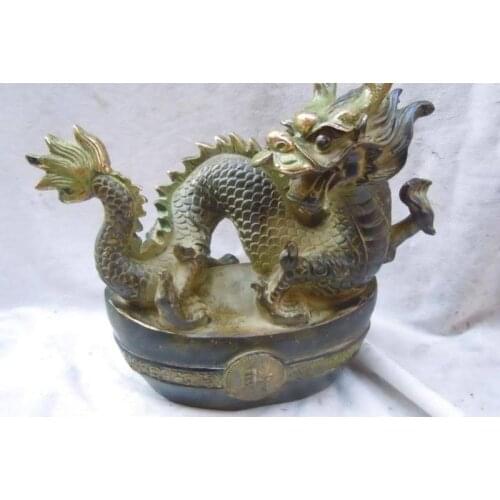 Chinese old bronze carved beautiful money luck Yuan bao dragon sculpture statue