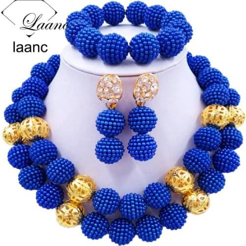 Laanc Nigerian Wedding African Beads Royal Blue Jewelry Set For Women SP2R002