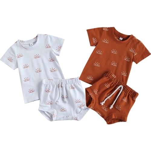 Wallarenear 0-3Years Toddler Baby Girl Summer 2Pcs Clothing Set Short Sleeve O-Neck Sunnee Printed Top Shirt Shorts 2Colors