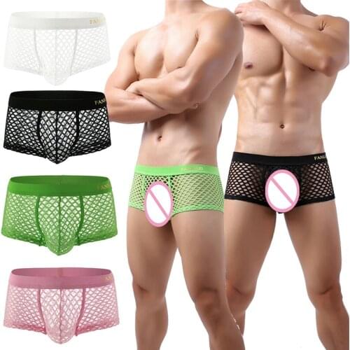 Mens Fishnet Boxers Shorts Underwear Hollow Out Breathable Trunk Transparent Boxershorts Masculina Gay Underpants Bikini New