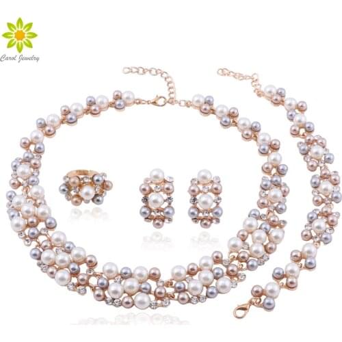 Fashion Women Bridal Wedding Accessories Crystal Necklace Earrings Sets Gold Color Simulated Pearl Costume Beads Jewelry Sets