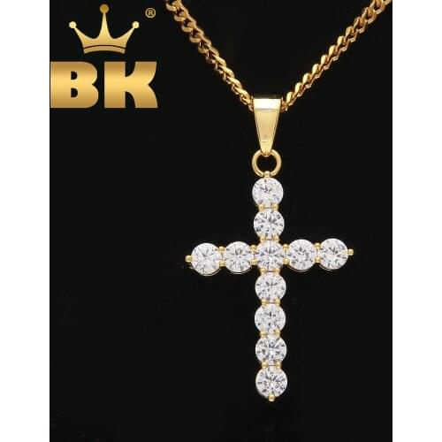 Crystal Round CZ Zirconia Cross Pendant Necklace Rock Gold Silver Cross Hiphop Jewelry With 3mm 24inch Cuban Link Chain