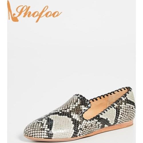Gray Snake Skin Print Flats Woman Round Toe Ballet Shoes Slip On Large Size 13 16 For Ladies Autumn Fashion Office Mature Shofoo