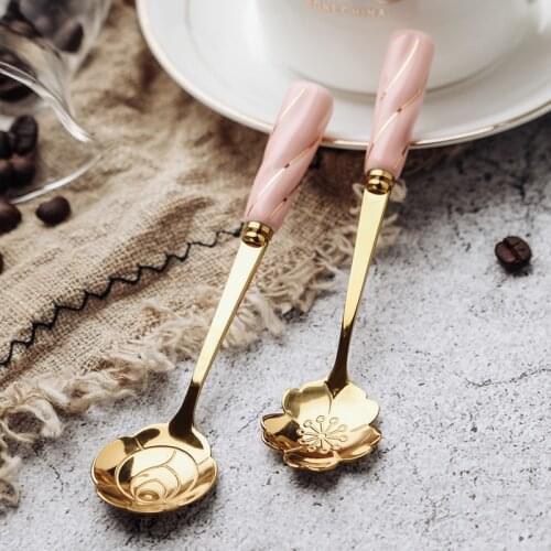 Stainless Steel Tableware Tea Coffee Mixing Spoon Flower-shaped Spoon Surface Ceramic Handle Dessert Ice Cream Spoons Bar Tool