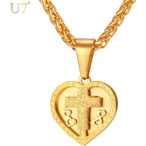 U7 New Heart Necklace Love Of the Jesus Trendy Gold Color Stainless Steel Cross Pendant Christian Jewelry P908