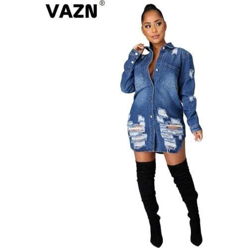 VAZN 2020 Hot Sales Plus Size High-end Denim Outwears Solid Elegant Sexy High Street Full Sleeve Women Slim Long Outwears