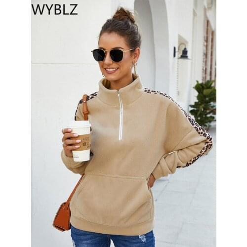 WYBLZ Autumn Winter Fleece Pullover Sweater Women Leopard Print Zipper Sherpa Fluffy Outwear Fashion Patchwork Sweatshirt Top