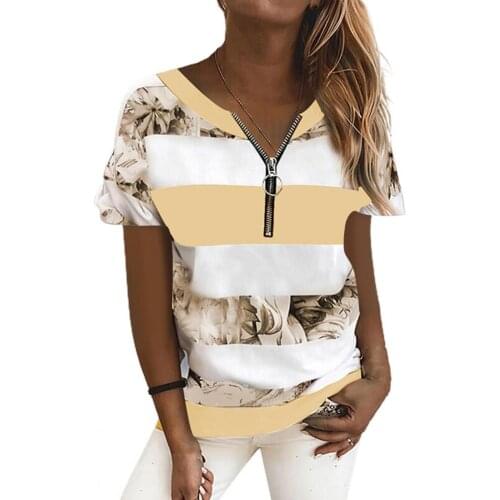 T shirt women 2021 fashion Printed Zipper Summer Short Sleeve V Neck T-shirt for Party Blue xxxxl Street wear Womens Clothing