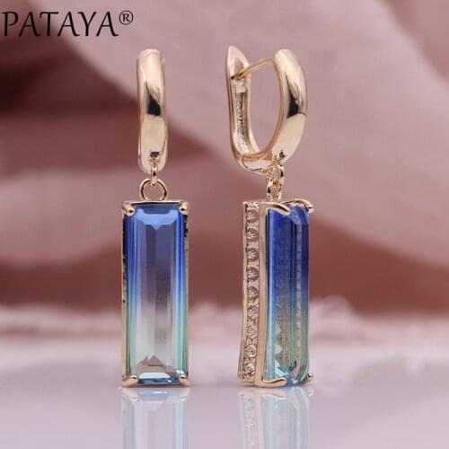 PATAYA New Gradient Blue Long Earrings Women Fashion Party Luxury Jewelry 585 Rose Gold Tourmaline Zircon Square Dangle Earrings