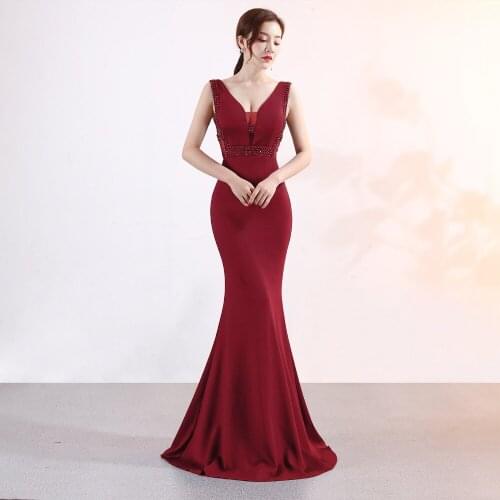 Corzze Black Sexy Ladies Fishtail Long Host Women Maxi Dress Elegant Beading Slim V-Neck Backless Evening Party Dresses Vestidos