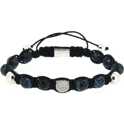 8mm Copper Insert Blue Turtle Pattern Stone Bead Round Black CZ Zircon Charm Adjustable Macrame Bracelet For Man