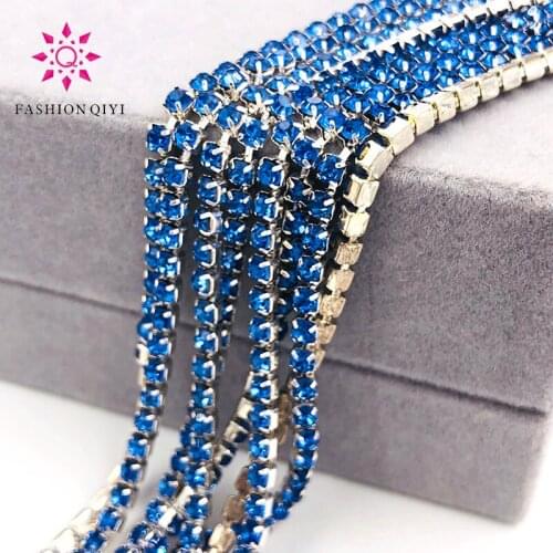 Free shipping 5 yards Super bright encryption Light blue 2mm-4mm silver base rhinestones cup chain,diy clothing accessories